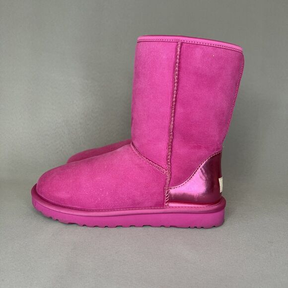 Womens UGG Australia Boots Sz 7 Classic Short PINK Metallic Heel Festival Suede - Picture 4 of 16